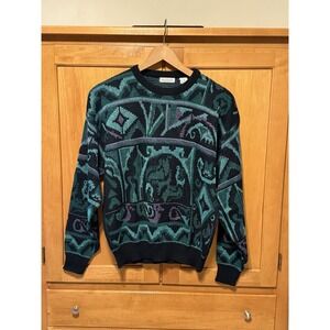AUTHENTIC 80's Vintage Sweater KOMEN Teal And Black Bulky Knit Size Xtra Large